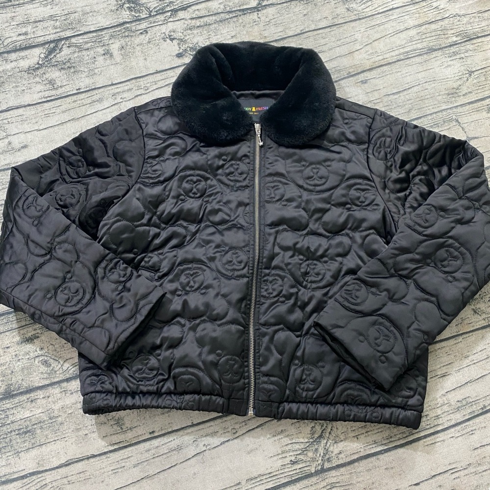 Teddy Fresh Soft & Fluffy Black Quilted Bear Logo Faux Fur Collar Puffer Jacket
